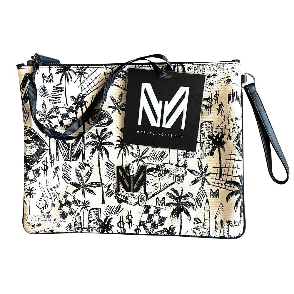 MARCELL VON BERLIN Los Angeles At Night Black Cream Wristlet Clutch Bag Italy